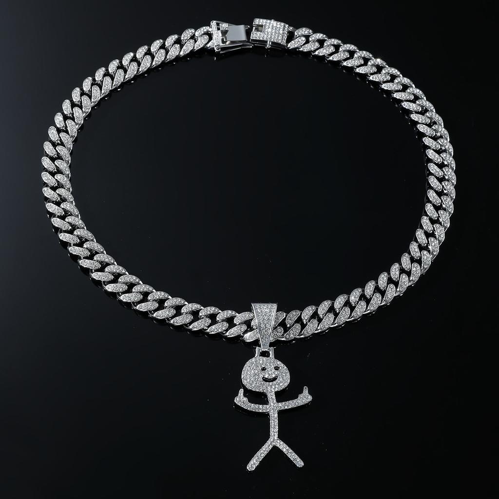 Creative Full Diamond Cartoon Character Pendant Cuban Chain, Eu and American Hip-hop Style Necklace, Trendy Male Personality Funny Collarbone Chain