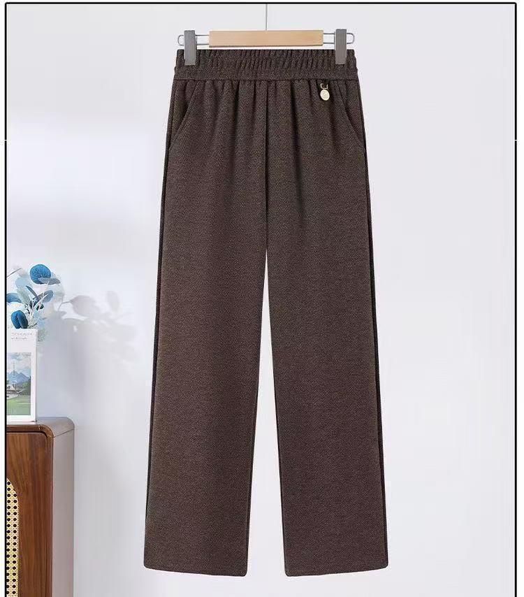 High-Waisted Woolen Herringbone Wide-Leg Pants, Plus Velvet, Thickened and Slimming, for Middle-Aged and Elderly Women
