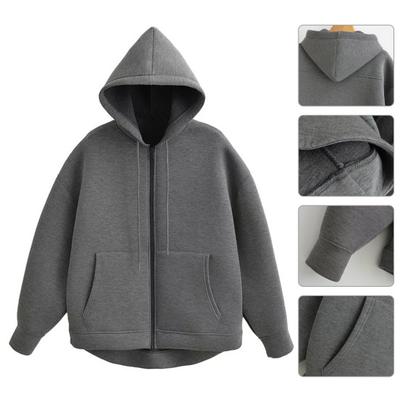 Women Fall Winter Hoodie Thick Hooded Zipper Closure Long Sleeves with Big Pockets Solid Color Loose Elastic Cuffs Drawstring Sport Coat