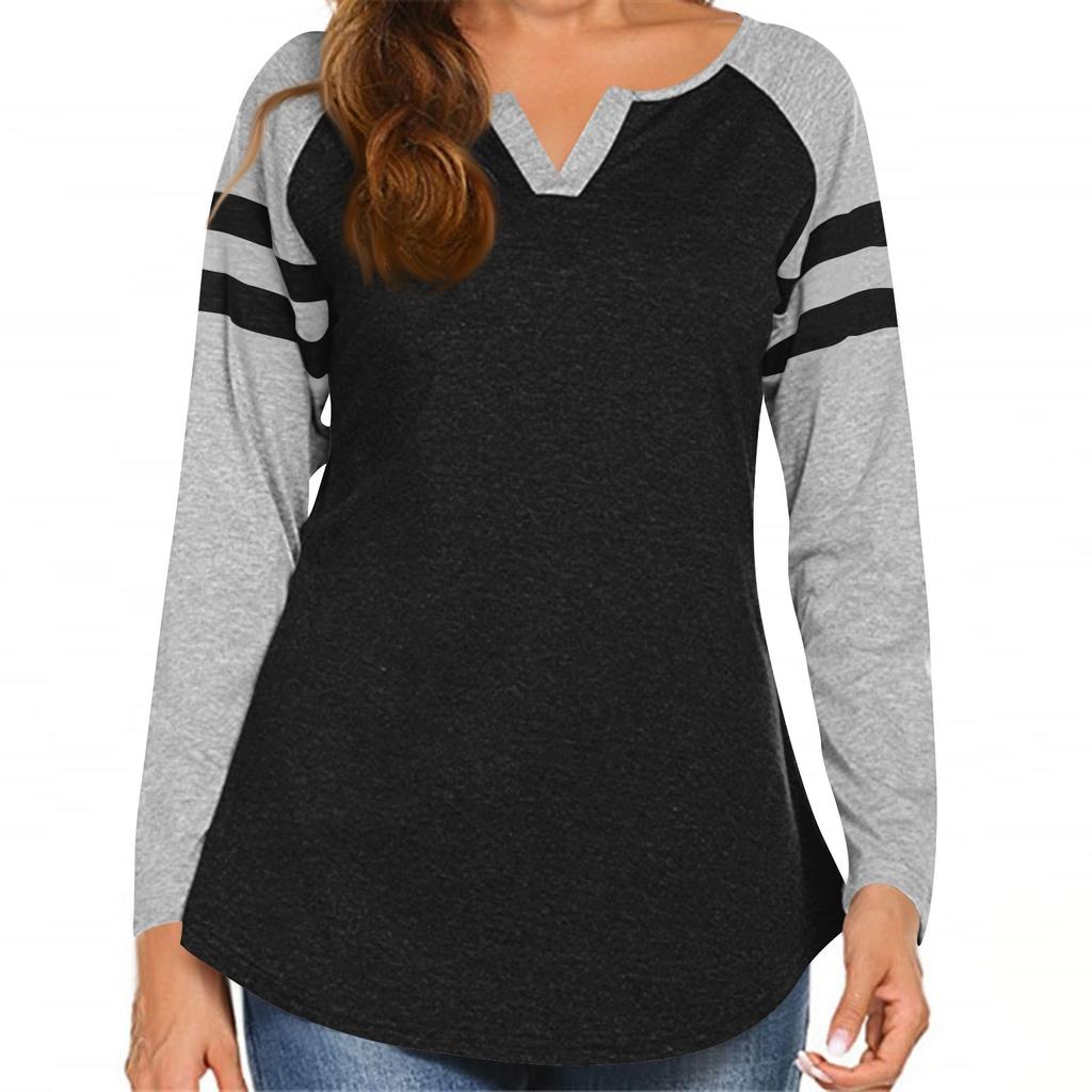 Women's Casual Fashion Striped Long-sleeved T-shirt V-neck Color-blocked Top