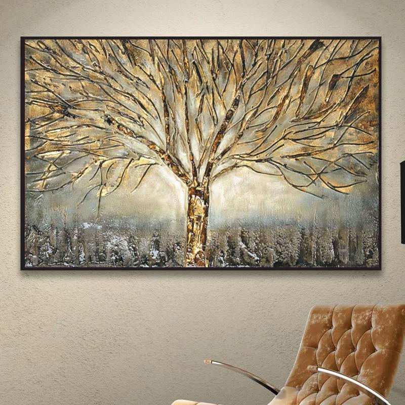 Abstract Art Golden Tree Oil Painting Modern Prints Pictures and Posters Nordic Living Room Home Wall Decoration Cuadros