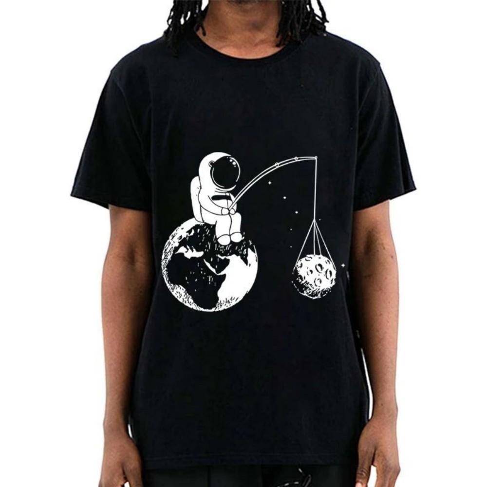 Summer Unisexs Polyester Comfortable Breathable Round Neck Tshirt Loose And Fun Design Astronaut Print Outdoor Cool Casual Top