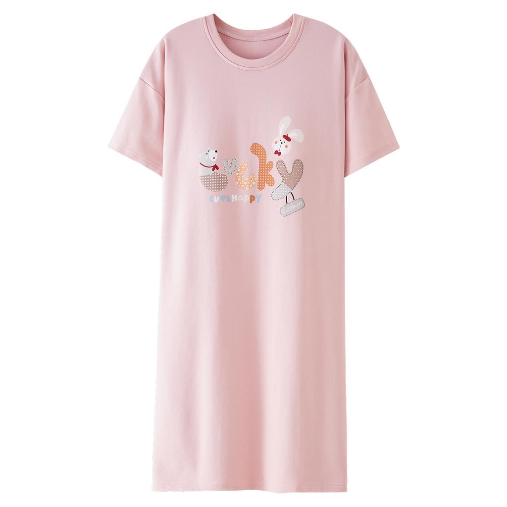 Women's Summer Pure Cotton Short-sleeved Pajamas with Chest Pads 1011 New Round Neck Sweet and Wearable Dress