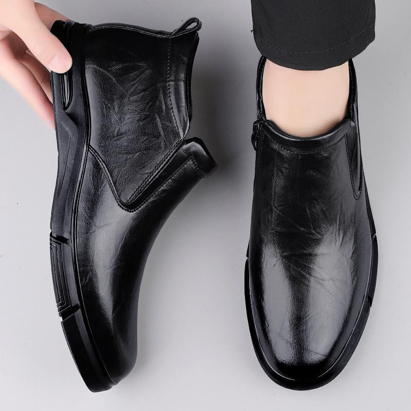 Fashion Genuine Leather Men Casual High Top Shoes Male Comfortable Motorcycle Boots Men Winter Plush Snow Boots Side Zipper Men Sneakers