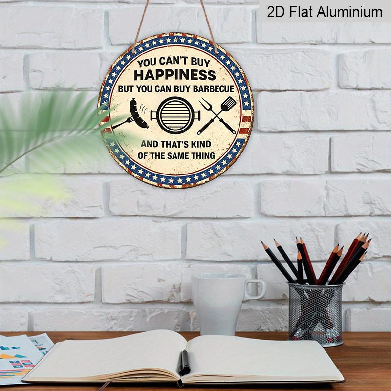 2D Flat, 1pc Round Aluminum Hanging Sign - "You Can't Buy Happiness But You Can Buy Barbecue" Funny BBQ Quote Metal Wall Art, Vintage Patriotic Stars