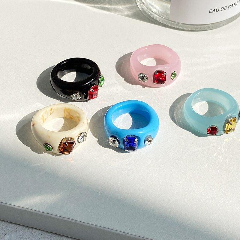 iF ME Chunky Aesthetic Large Colorful Golden Bead SquareTransparent Resin Acrylic Rings for Women Girl DIY Knuckle Party Ring Jewelry