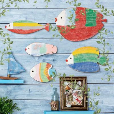 Yousheng 5 Stück Holzfisch Nautische Strandwanddekoration Küstenholz Hängender Fisch Wandkunst Rustikales Ozean-Seehaus Wandskulptur für Badezimmer Zuhause