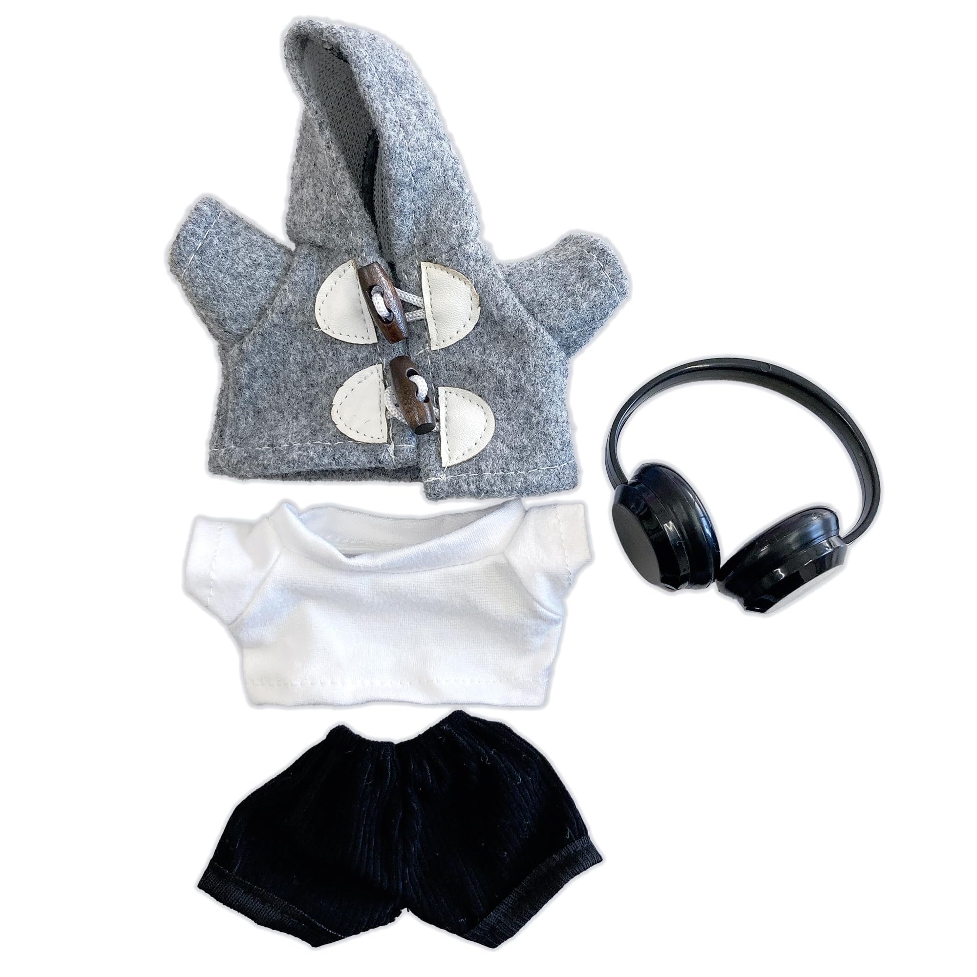 

Duffle Striped and Headphone Set for 10cm Plush Kpopdoll Costume Coat, Shirt, Pants, Doll, Gray, Toy, Kigurumi, Accessories, Otaku, Doll, Mascot, серый