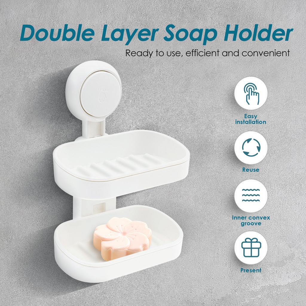 No Drilling Suction Cup Soap Holder Plastic Double Layer Soap Dish Removable Strong Load Bearing Showerfor Bathroom Kitchen