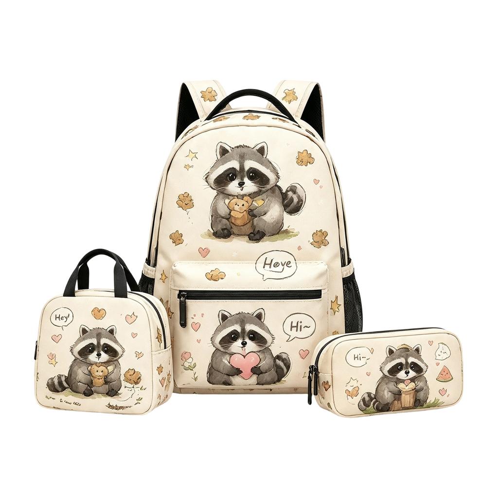 Set Zaino Raccoon per Bambini con Borsa Pranzo e Astuccio per la Scuola