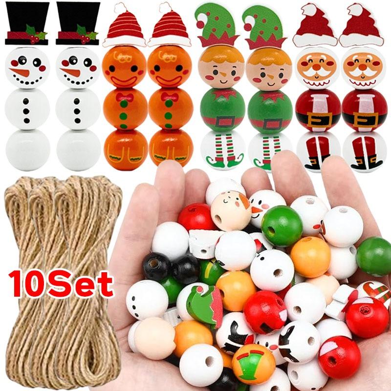 Christmas Snowman Wooden Beads Set DIY Xmas Tree Hanging Pendants Winter Santa Ornaments Creative Handmade Wood Loose Bead Decor