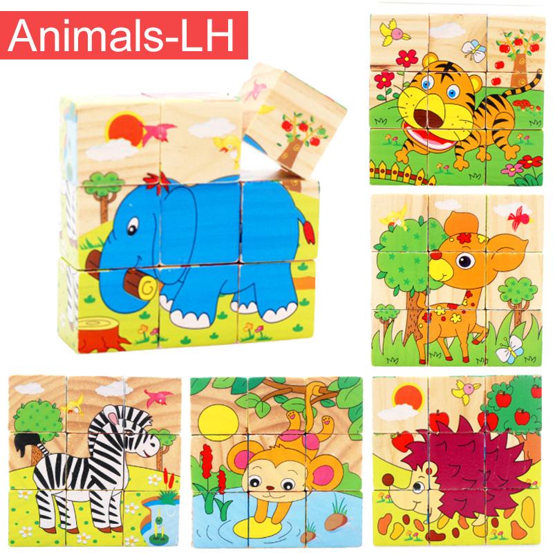 Quebra-cabeça de Madeira Seis Lados Pintados Tridimensional Trânsito Animal Quebra-cabeça Blocos de Construção Brinquedos Montessori de Educação Infantil TMZ