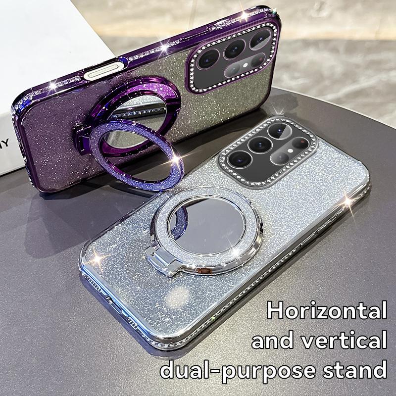 KEYSION Glitter Jewelled Magnetic Phone Case for Samsung Galaxy S25 Ultra 5G S24+ Plus S23 FE Makeup Mirror Stand Shockproof Cover