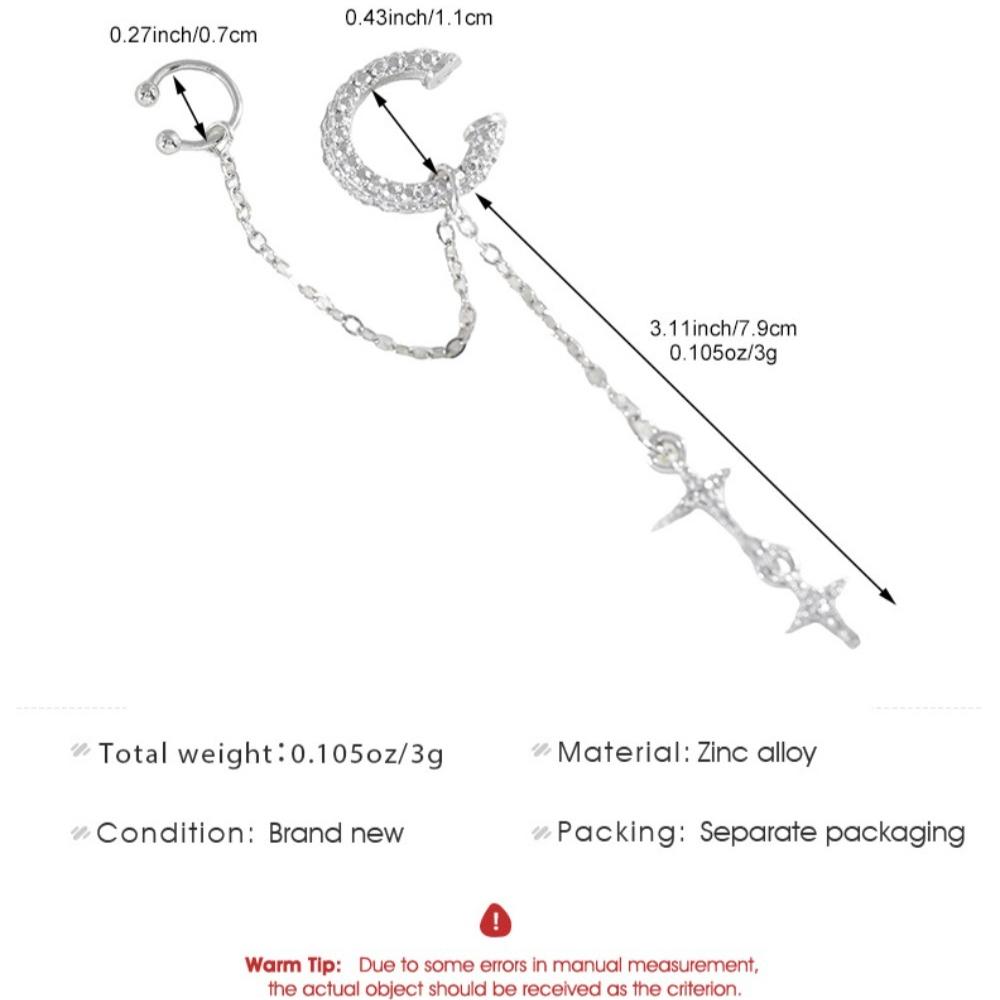 Temperament Shining Zircon Stars Tassel Chain Clip Earrings for Women Integrated Asymmetry Fake Piercing Ear Cuff Trendy Jewelry