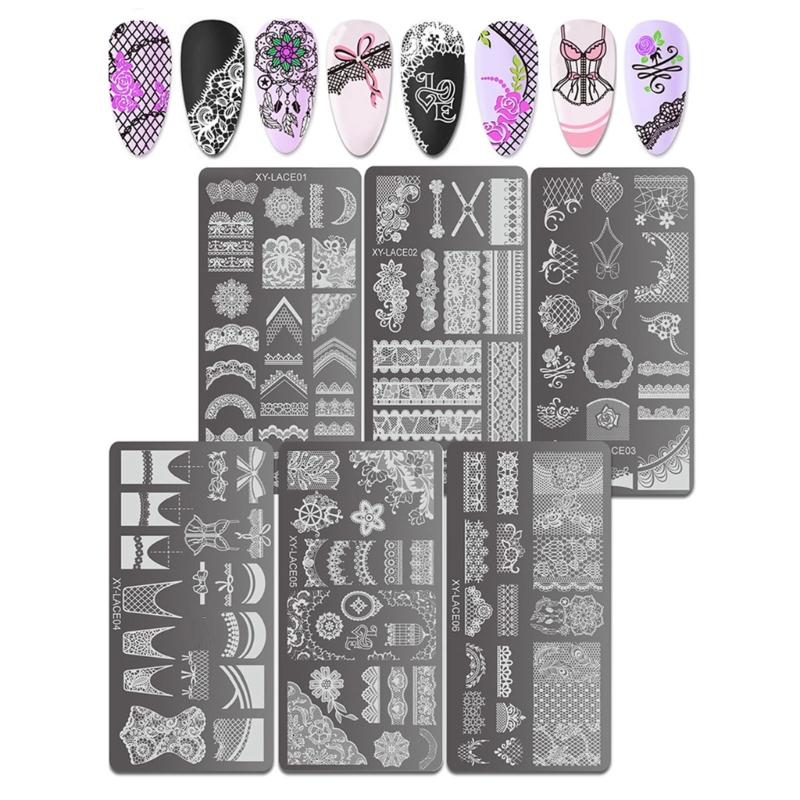 6PCS Rectangle Nail Stamping Plates Kit with Floral and Geometric Patterns for Creative Nail Art Manicure Tools