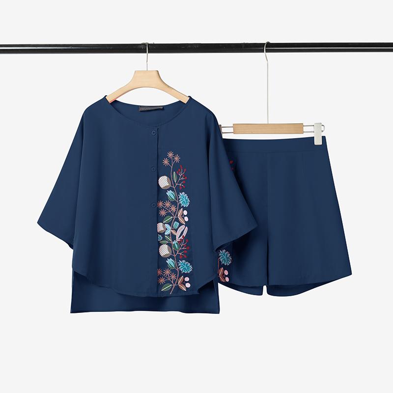 

ZANZEA Женская блузка с коротким рукавом и принтом и шорты, повседневный костюм-двойка S тёмно-синий