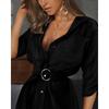 Women S Solid Color V Neck Belted Shirt Dress A Line