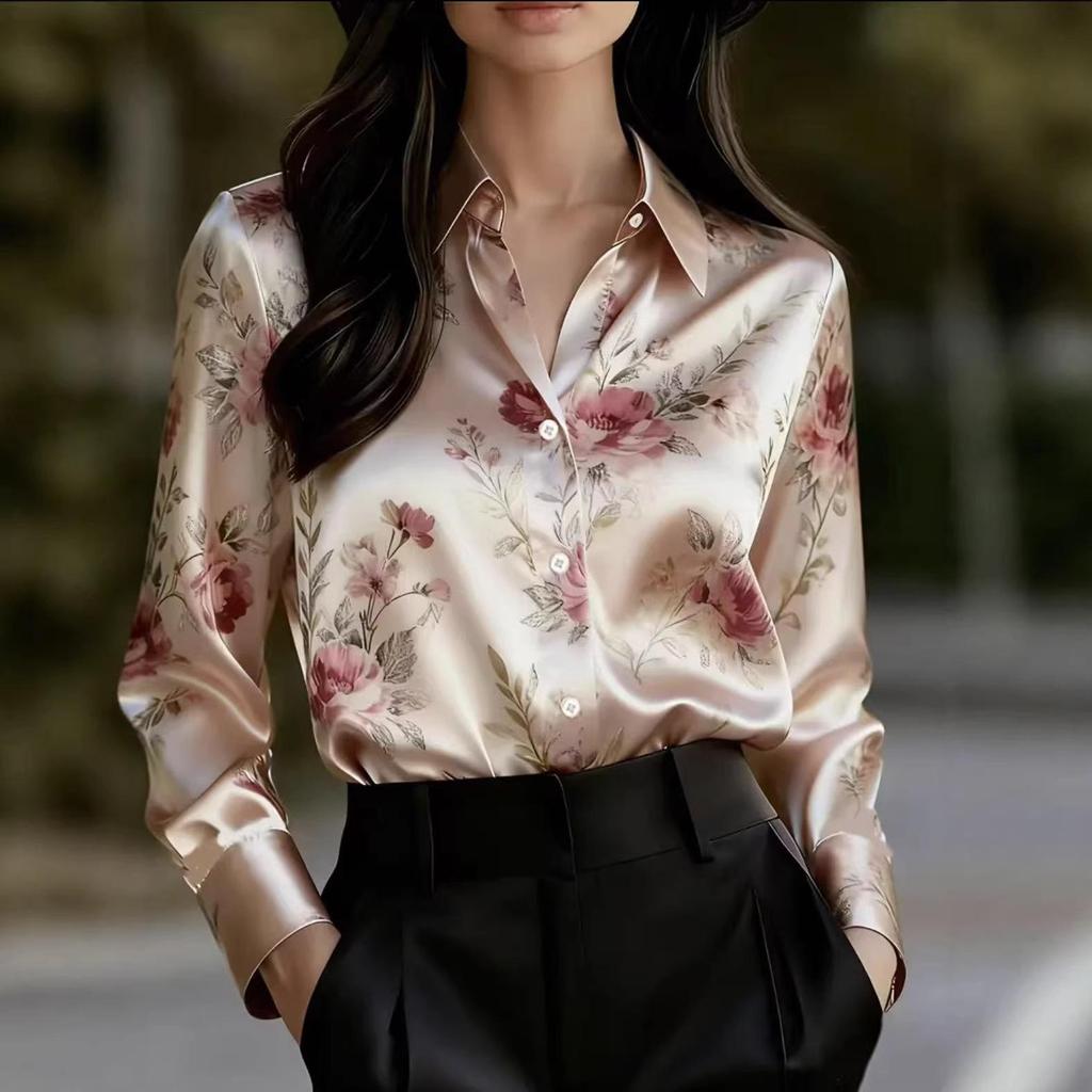 Elegant Retro French Oil Painting Long Sleeve Women's Shirt, 2025 European and American Design