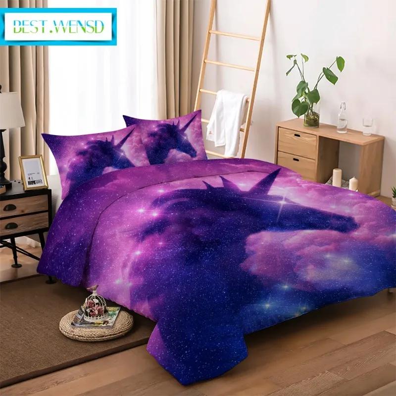 Star Shine Unicorn Head Beding Soft Duvet Cover Sets Dream Carton Pink Purple Comfortable Quilt Cover Pilowcases Home Textile Warm Comforter Set