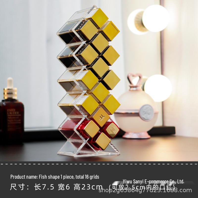 Fish-shaped Multi-compartment Lipstick Storage Box - Transparent Vertical Holder with Girly Heart Design