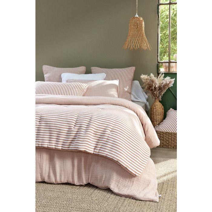Bout de lit 90 x 200 cm en gaze de coton Romie a rayure abricot