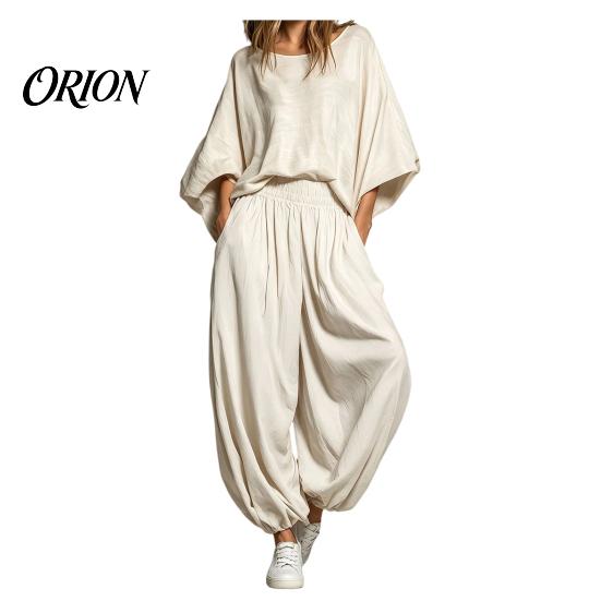 Loose Fit Women Set Women's 2 Piece Sets, Crew Neck Batwing Sleeve Top Two-piece And Lantern Pants Summer Travel Vacation Outfits with Pockets Suit