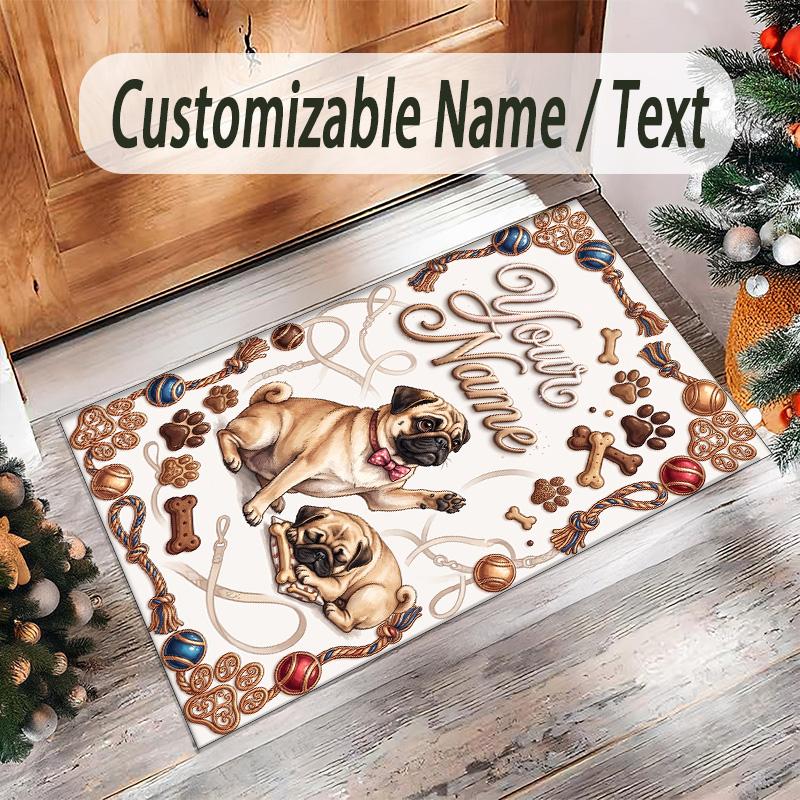 Pug Theme Crystal Velvet Floor Rug Personalized Custom Name Text Warm Carpet Home Decoration