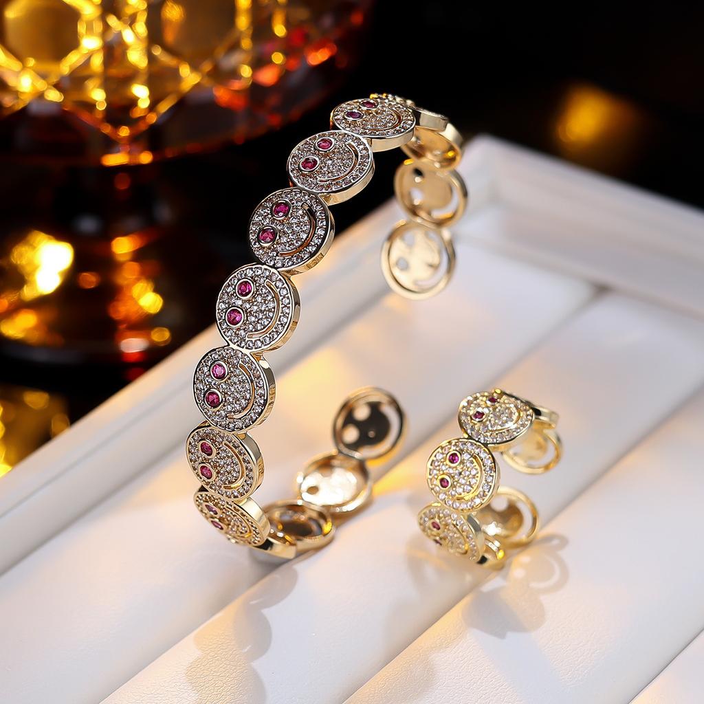 Women Smile Face Bracelet Ring Set Fashion Minimalist Zircon Jewelry Perfect For Party Gathering Wear