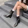 Inside and Outside Full Leather Square Head Rear Zipper Chelsea Boots Cowhide European and Korean Simple Retro Inner Height-increasing Short Boots W