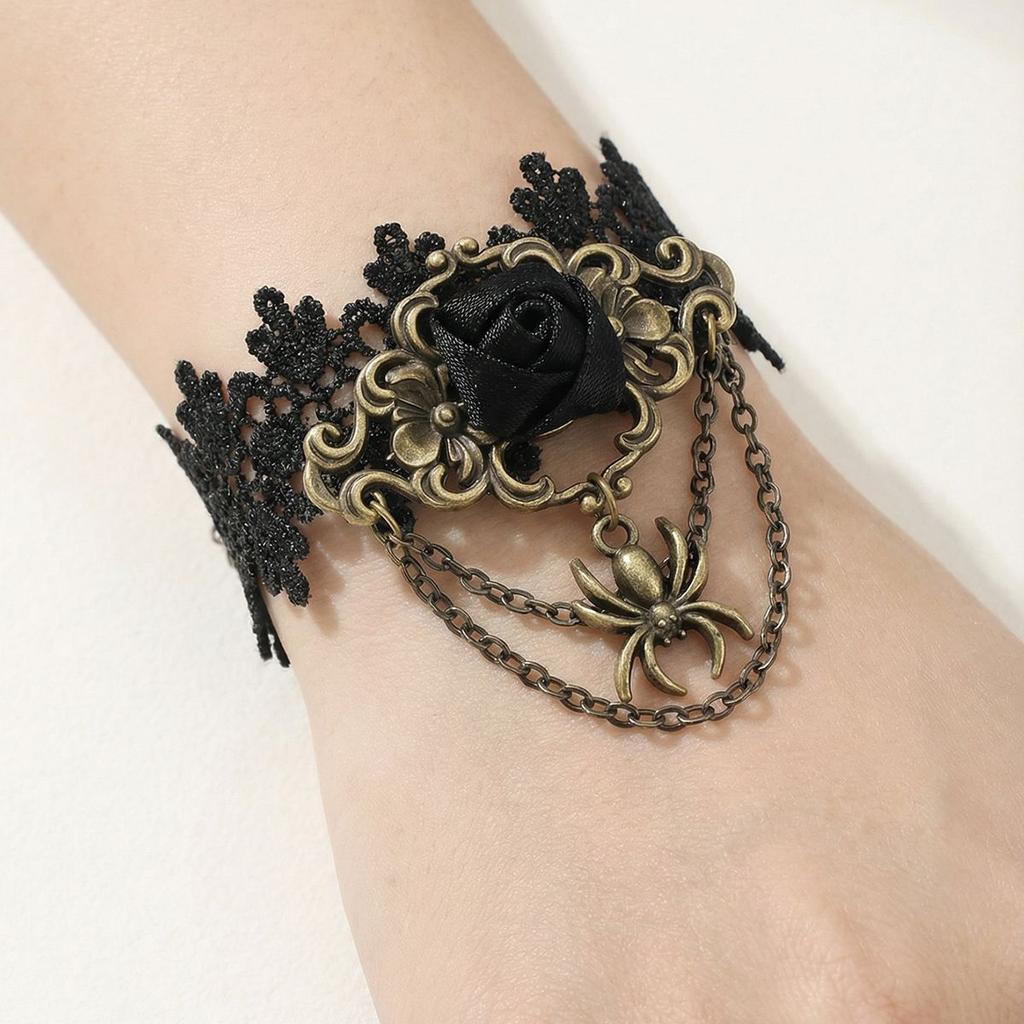 Gothic Black Rose Lace Tassel Bracelet, Spider Halloween Wrist Jewelry