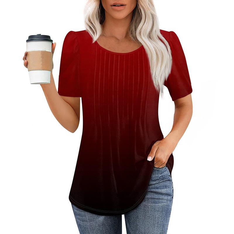 European And American Women's Tops New Style Pleated Round Neck Short-sleeved T-shirt Women's Shirt