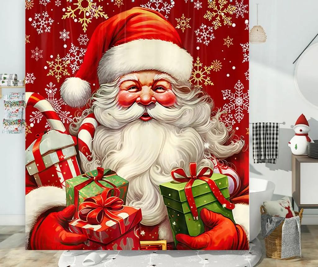 Santa Claus Christmas Red Shower Curtain Happy New Year Gifts Deer Bathroom Decor Winter Holiday Polyester Fabric Bath Curtain