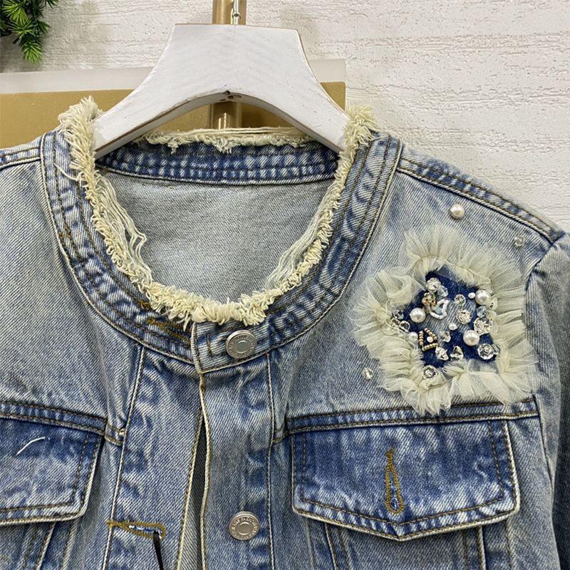 Women's Designer Heavy Beaded Ripped Denim Jacket for Spring/Autumn 2026