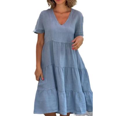 Abiti casual con scollo a V a maniche corte con stampa tinta unita primavera estate moda donna