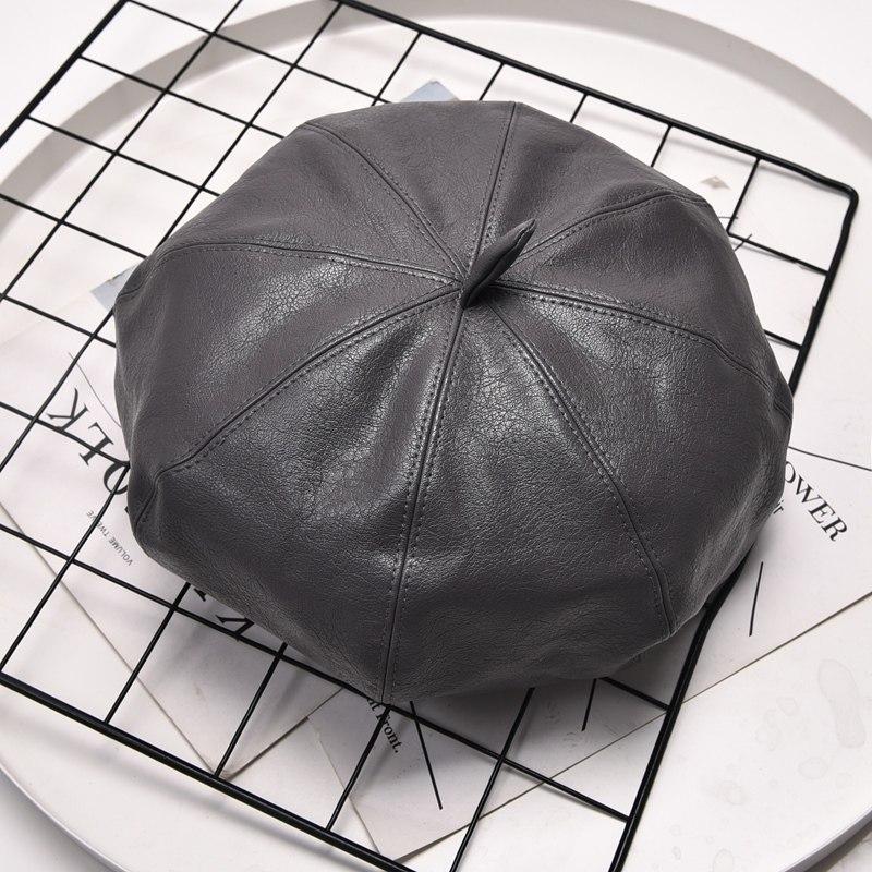 

PU leather black octagonal hat autumn and winter trendy fashion versatile leather hat painter hat cap beret Adjustable