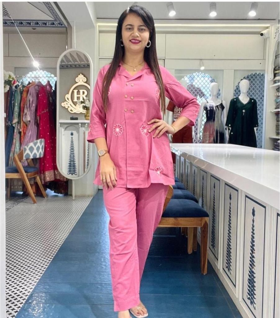 Women Designer Party Wear Pure Cotton Slub Angrakha Style Top Cord Set Kurti Dress