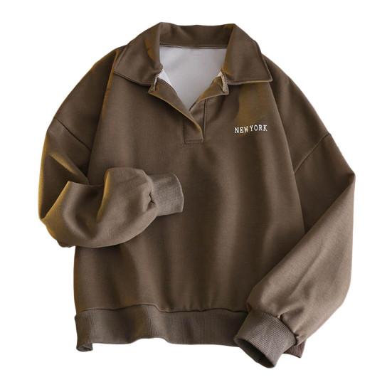 Women Autumn Spring Sweatshirt Turn-down Collar Loose Long Sleeves Pure Color Thin