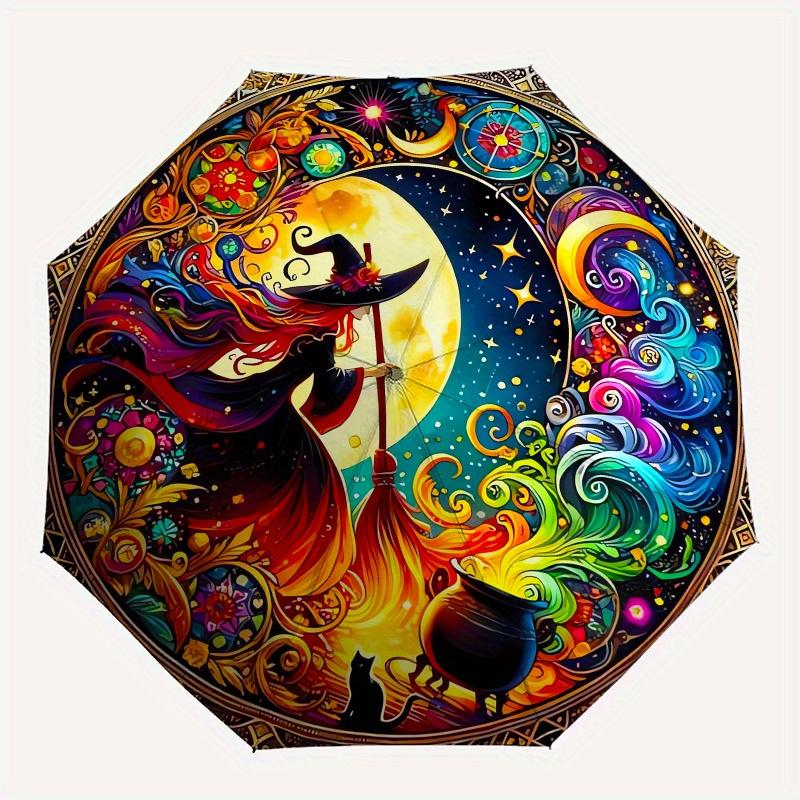 Witchcraft, Moonlit Magic Automatic folding umbrella simple eight rib design, bright color pattern, durable iron frame, ideal for travel an