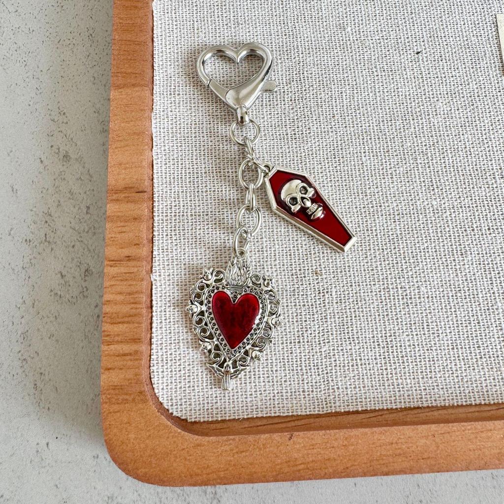 Gothic Coffin Skull & Butterfly Heart Keychain Accessory