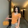 Lake Blue V-neck Front Shoulder Short-sleeved T-shirt for Women's Summer New Korean Slim-fitting and Thin Short Top