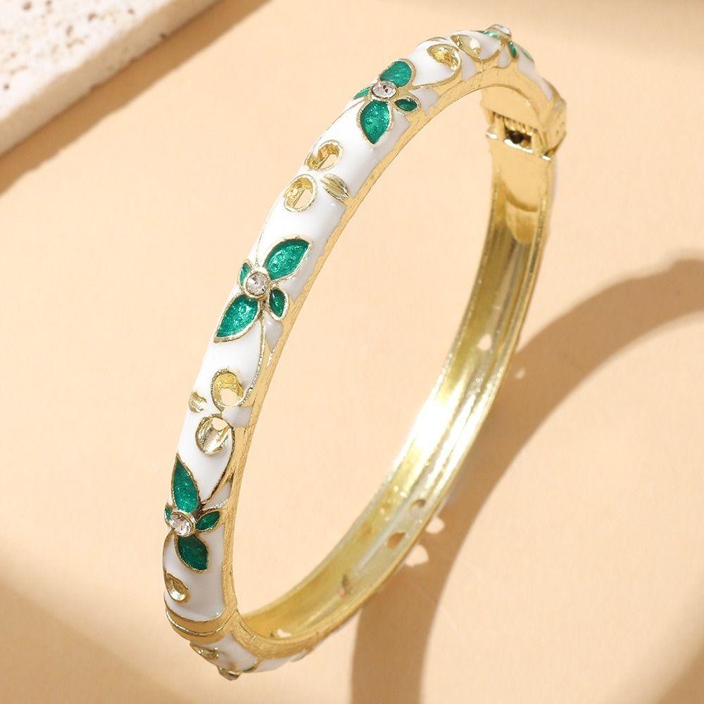 Elegant Open Cuff Bracelet Chinese Style Women's Floral Bracelet Enamel Flower Bangle Bride