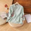 Women Summer Cotton Linen Embroidered Button T-Shirt Loose Vintage Artistic Seven-Quarter Sleeve Top Spring
