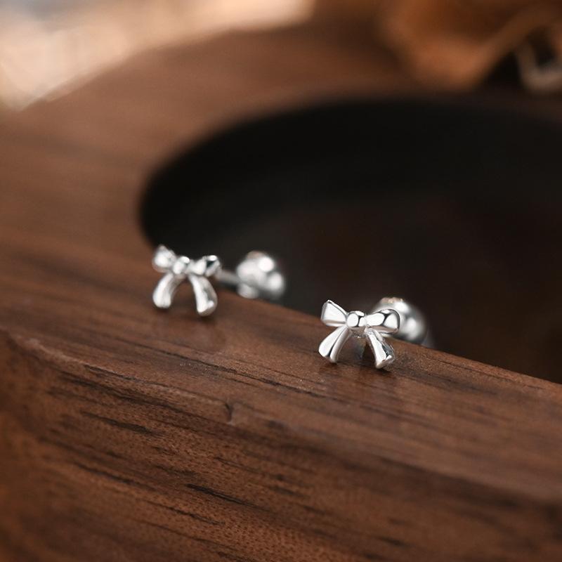 S999 Sterling Silver High-quality Bow Screws Earrings for Women Korean Fashion Small Simple Ear Accessories