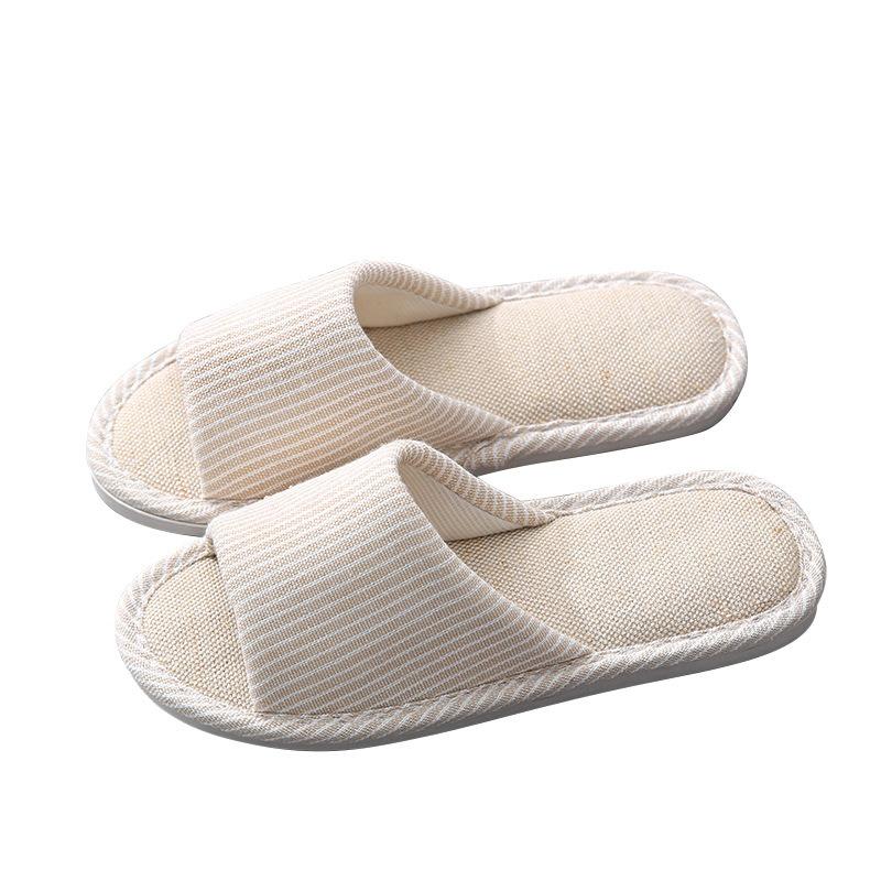 Slippers household women spring and autumn four seasons striped thick bottom non-slip men couple wooden floor linen cotton slippers summer