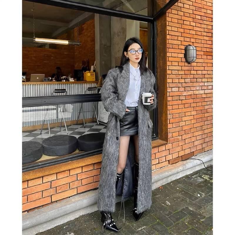 Náladový Nadměrný Korejský Francouzský Hepburn Styl Šedý Dlouhý Vlněný Streetwear Kabát