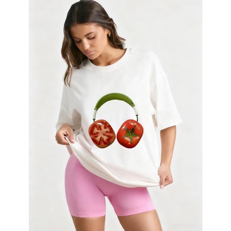 Oversized T Shirt Black Tomato Headphones Print Casual Wear for Women Summer Streetwear Fashion Trendy Graphic Tee