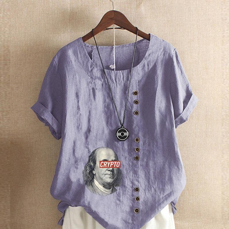 Women's Fashion Round Neck Short Sleeve T-shirt Casual Cotton Linen Graphic Shirt Character Prined Summer Blouse Tops Plus Size