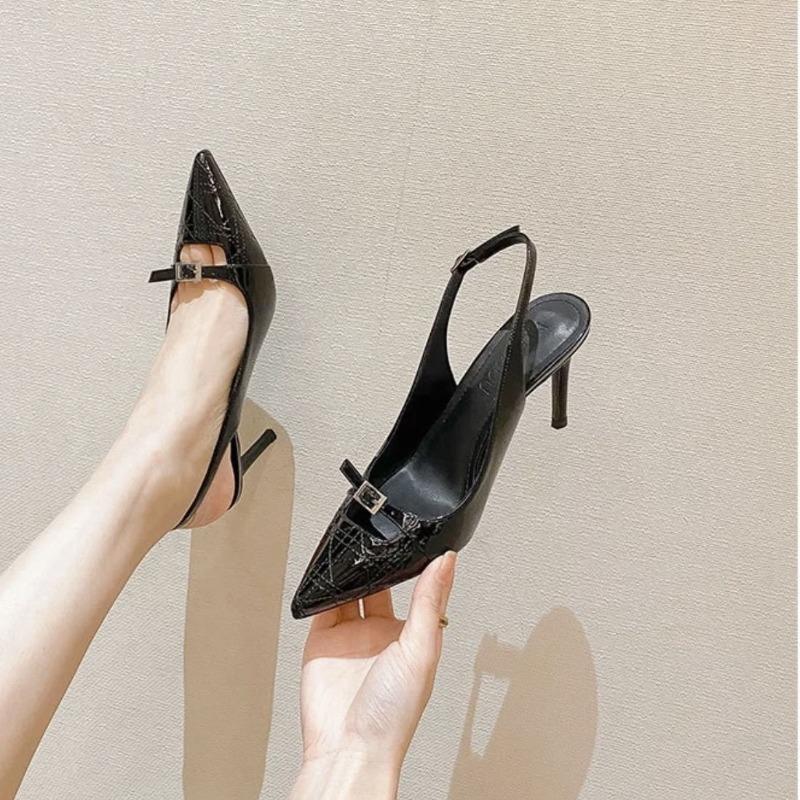 

Fashion 2025 New Summer Women s Dress Shoes Patent Leather Slip on Pointed Toe Sandals Buckle Slingbacks Mid Heels Pumps Sandalias Mujer 35