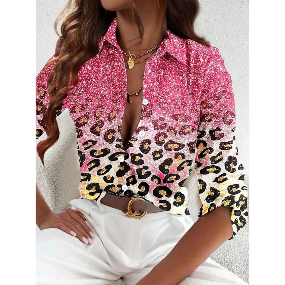 Simple And Clear Love Flower Print Ladies Casual Long Sleeve Lapel Shirt Outdoor Casual Ladies Shirt Urban Street Fashion Shirt