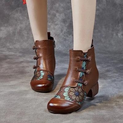 Stivaletti caldi invernali stile etnico Scarpe da donna stampate retrò con tacco spesso in vera pelle con suola morbida